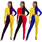 Pants Whole Sale Sexy Women Jogger Jumpsuit Patchwork Multi Color Long Sleeve Top Pencil Pants 2 Pieces Sets