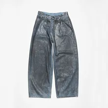 sampled custom street wear men jeans foil wax printed jeans super baggy fit dirty wash wax-coated denim jeans