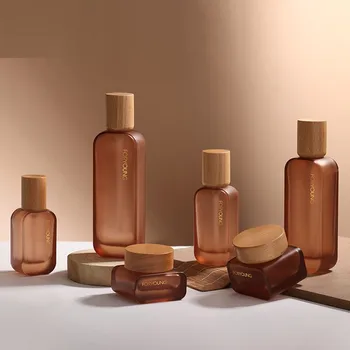 2023 new design bamboo lid/50ml/100ml/120ml flat glass bottle skincare packaging wooden cap lotion pump /spray/serum oil bottle