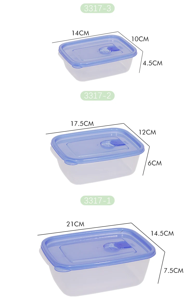 АРТИКУЛ № 3317(1-3) Фабричний набір із 3-х частин прямокутних пластикових контейнерів для харчових продуктів, безпечних для мікрохвильової печі та холодильника. Набори хрустких страв без вмісту бісфенолу А для постачальника екологічно чистих консервів