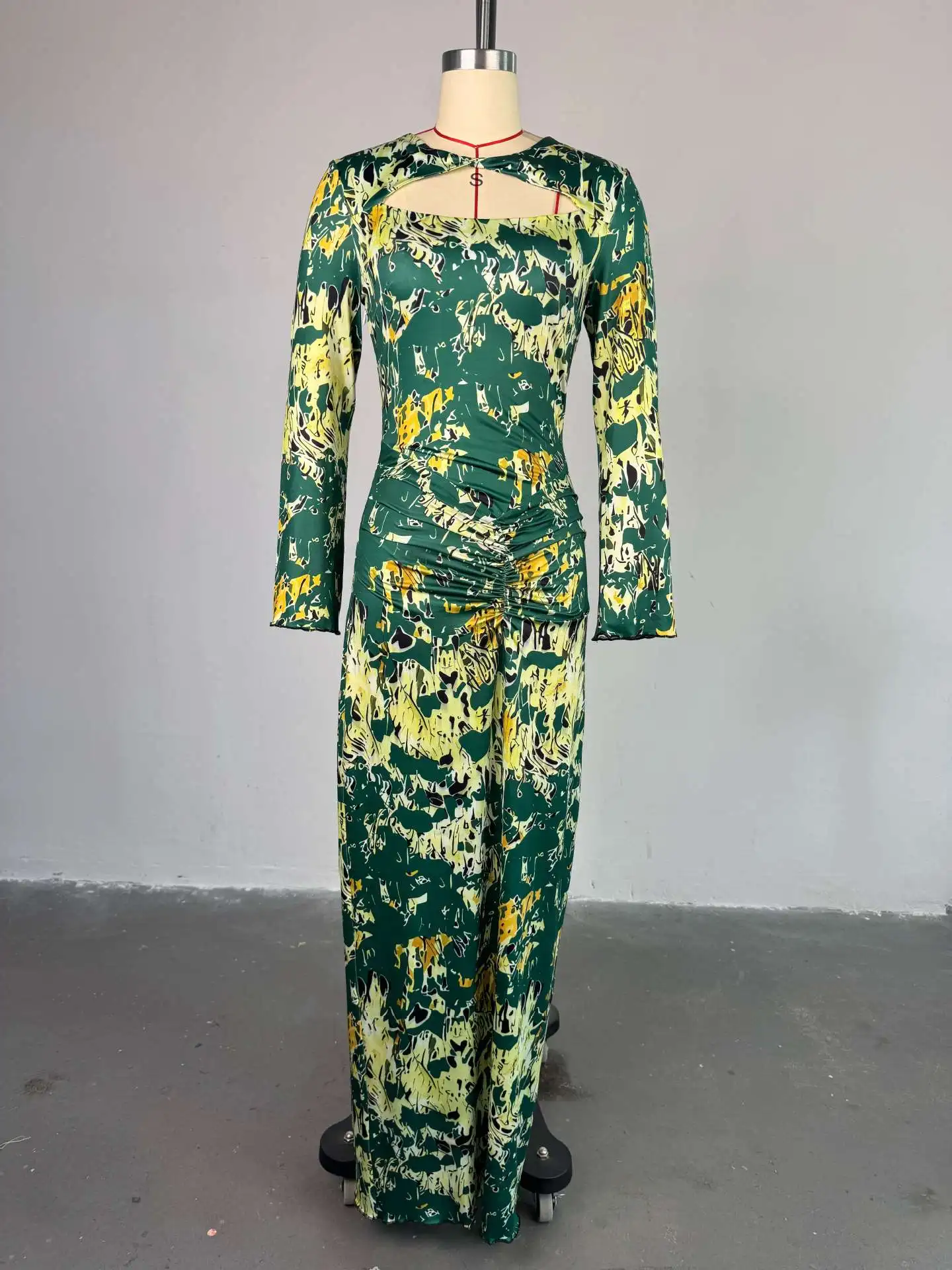 European American Women's Spring New Sweet Fresh Printed Hollow-Out Collar Long-Sleeve High-Waist Slim Hip Anti-Static manufacture