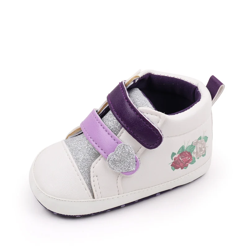 Glitter Heart Baby Girls Rose Print Pattern Different Colors Double Hook and Loop High Top Casual Shoes manufacture