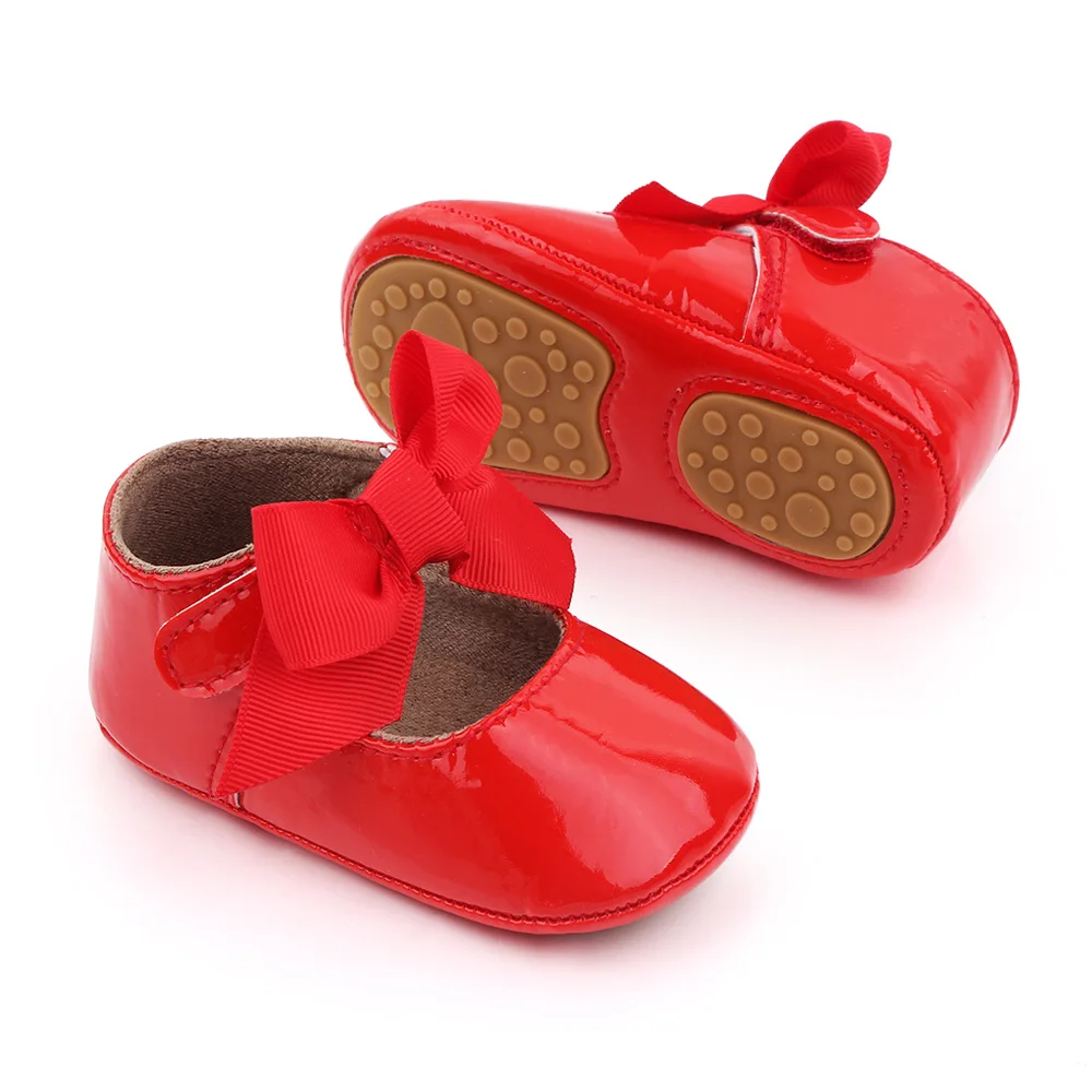 Solid Color PU Leather Top Big Bow Baby Girls Princess Soft Soled Non-slip Toddler Shoes details