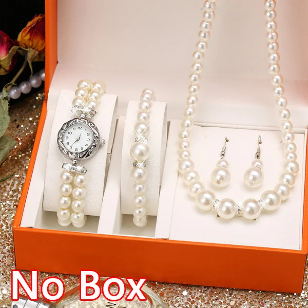 Luxury Watch set Elasticity Crystal Beads Pearls Necklace Charm Bracelet Drop Earrings Set Pearl Bracelet Fashion