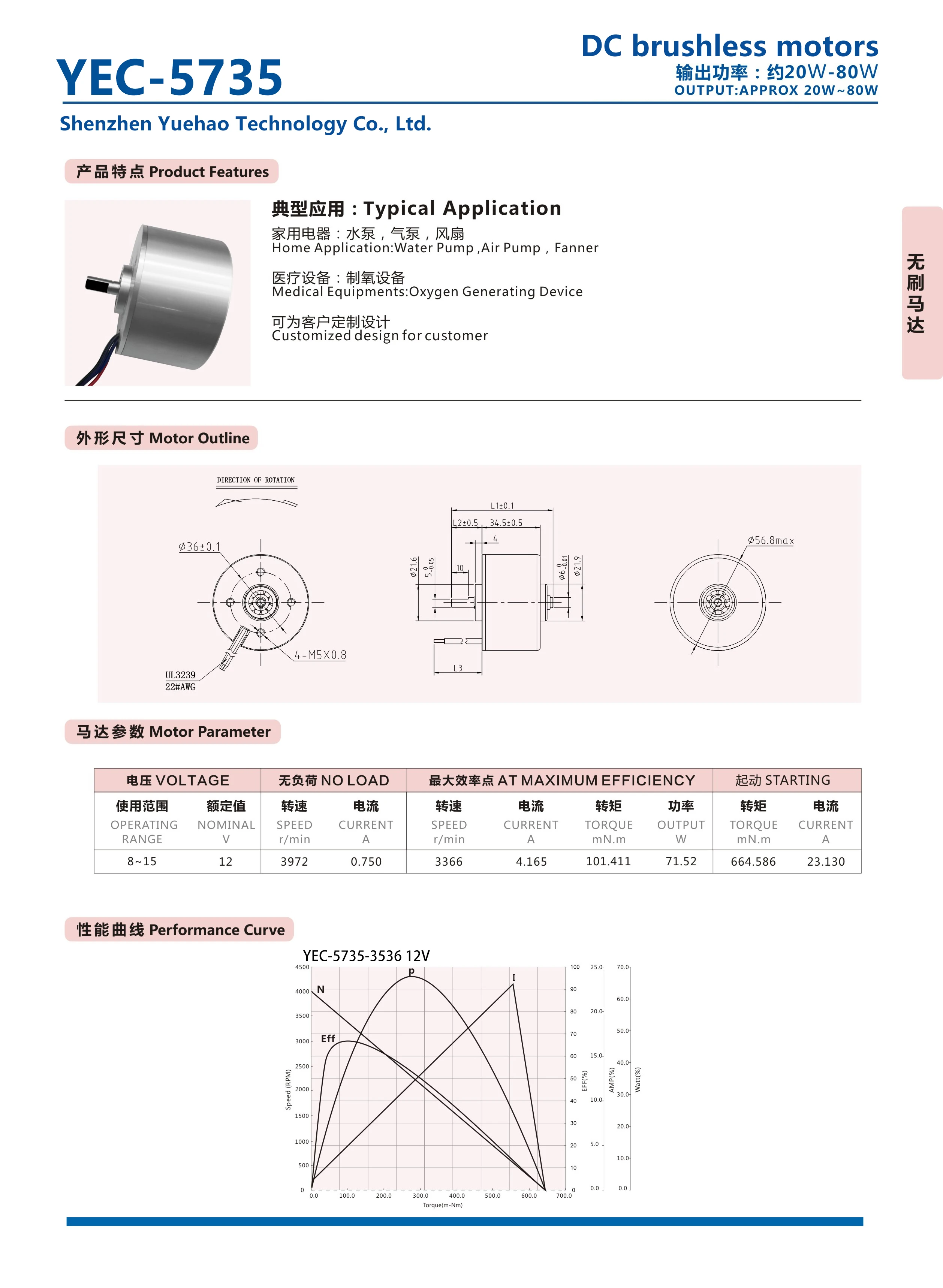 Brushless Motor, YEC, 5735, 12V, 57mm - detail 2