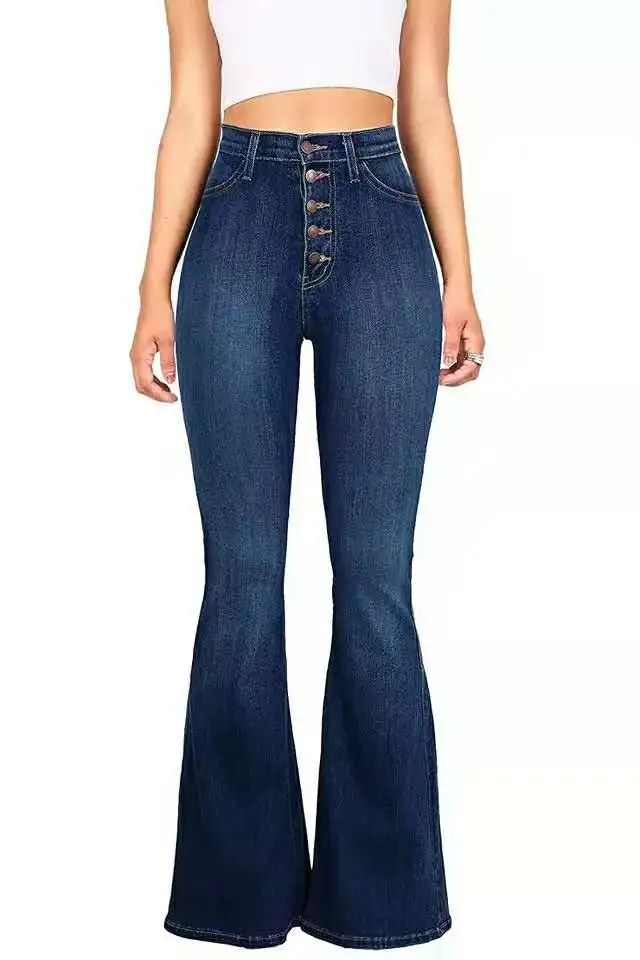 Blue Flare Skinny Jeans Women High Waist Buttons Denim Pants Trousers Full Length Butt Lifting Casual Jeans Plus Size Femme