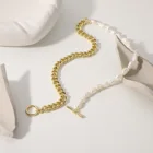 Fresh Water Necklace 14K Gold Plated Natural Fresh Water Pearl Beaded OT Button Cuban Chain Necklace