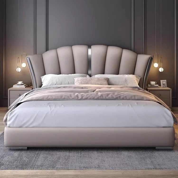 Wholesale Luxury King Size Modern Leather Bed Frame High Double Soft Bed Upholstered Headboard  Hotel Luxury Bedroom Furniture