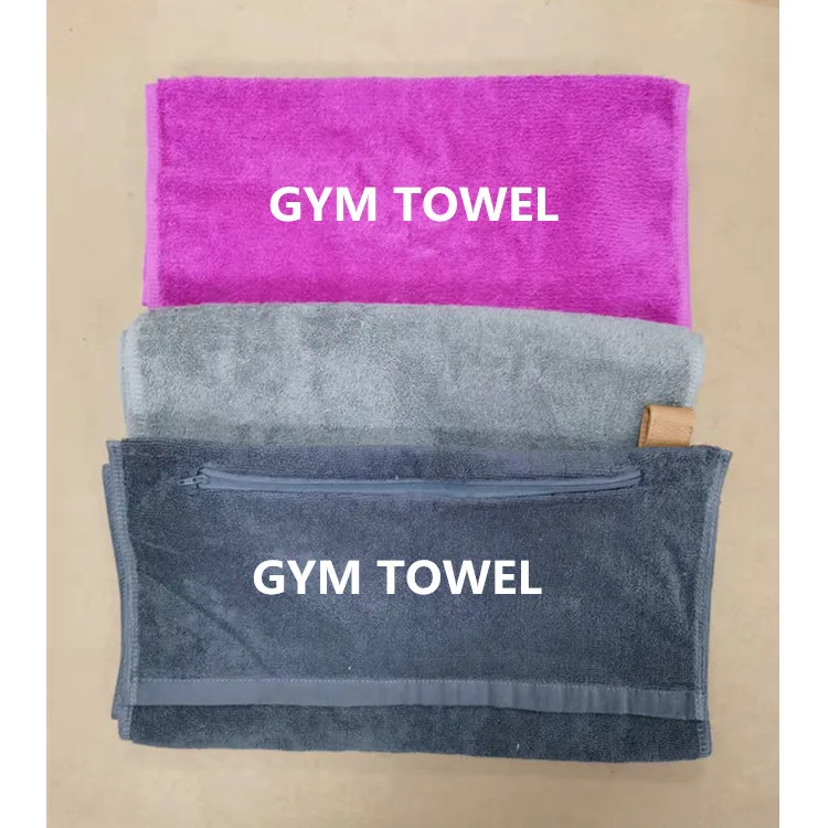 High absorbent sports workout towel custom logo cotton gym towel with zipper pocket