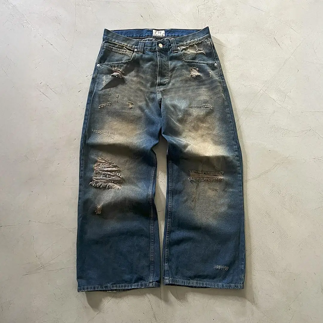 product custom pocket style street distressed retro jeans loose mens sun bleached knee ripped hole wide leg pants-1