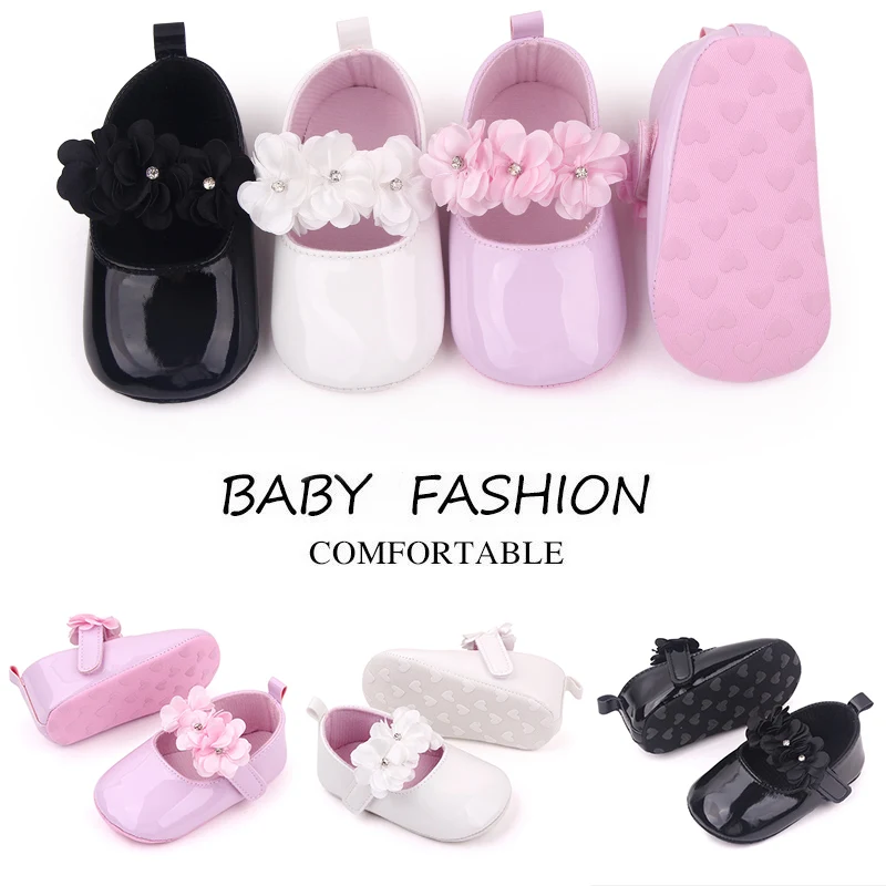 Solid Color Leather Rhinestones Flower Baby Girls Fashion Princess Small Leather Shoes for Toddler Shoes factory