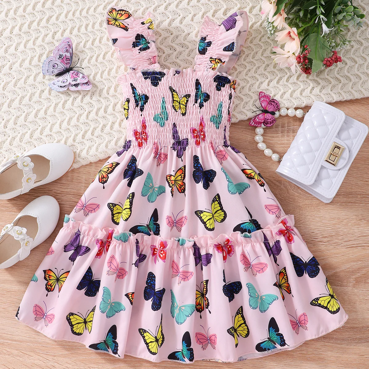 Baby 2023 Summer New Design Kids Clothing Elastic Butterfly Print Suspender A- line Dress