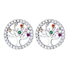 Cz Stud Earrings 925 Silver Rainbow Cubic Zirconia CZ Crystal Tree Of Life Stud Earrings