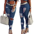 Jeans Blue Denim Pant Slim Trousers Fit Zipper Slim Ripped High Waist Wholesale Plain Jeans Women's Stock