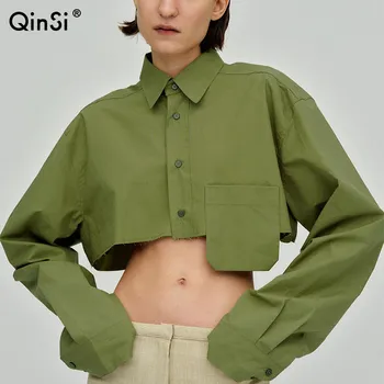QINSI Long Sleeves All-Match Casual Women Fashion 2022 Irregular Pockets Lapel Crop White Shirts Streetwear Cropped Blouse