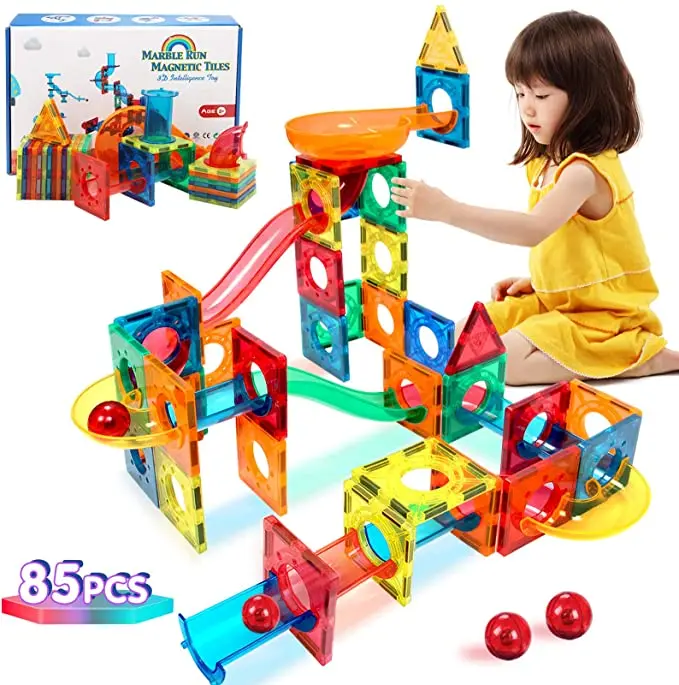 Year Old Boys & Girls Gifts Landtaix Magnetic Tiles 85 Pcs Pipe Magnetic Blocks Toys for Kids 3D Clear Magnets Kits STEM Toys Marble Run Building Blocks Set for 3 4 5 6 7 8 