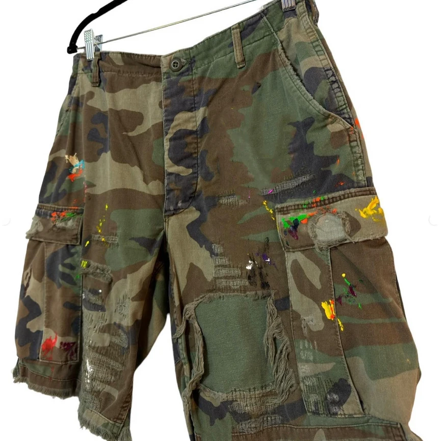 Manufacturer Custom Utility Pocket Camo Distressed Ripped All Over Print Camouflage Jorts Cargo Jeans Denim Shorts for Men supplier