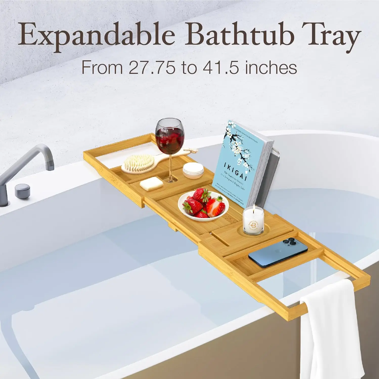 product luxury bathtub bathroom accessories expandable bath tray premium foldable bamboo wood bathtub tray for home-2