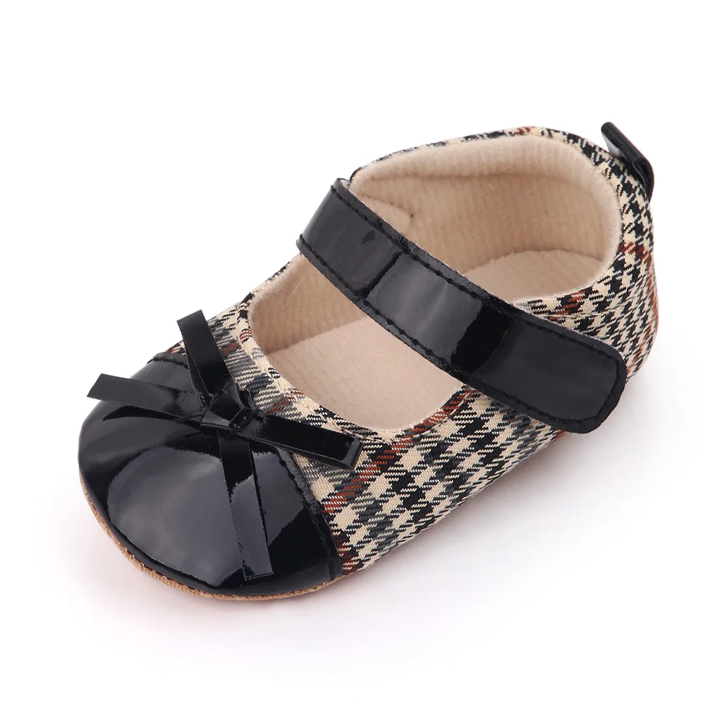 Baby Girls Cute Matching Plaid Solid Leather Bow Infants Soft Soled Princess Toddler Shoes manufacture