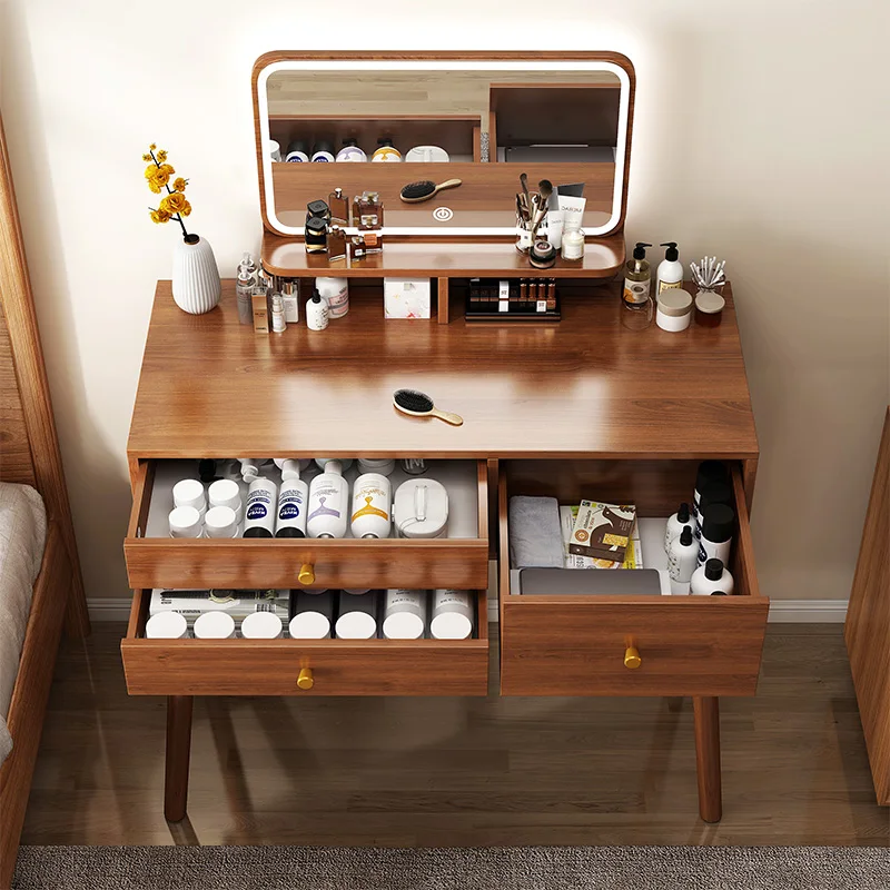 Wooden Small Makeup Vanity Desk with Mirror and Lights with Cushioned Stool for Bedroom Dressing Room Girls Women.