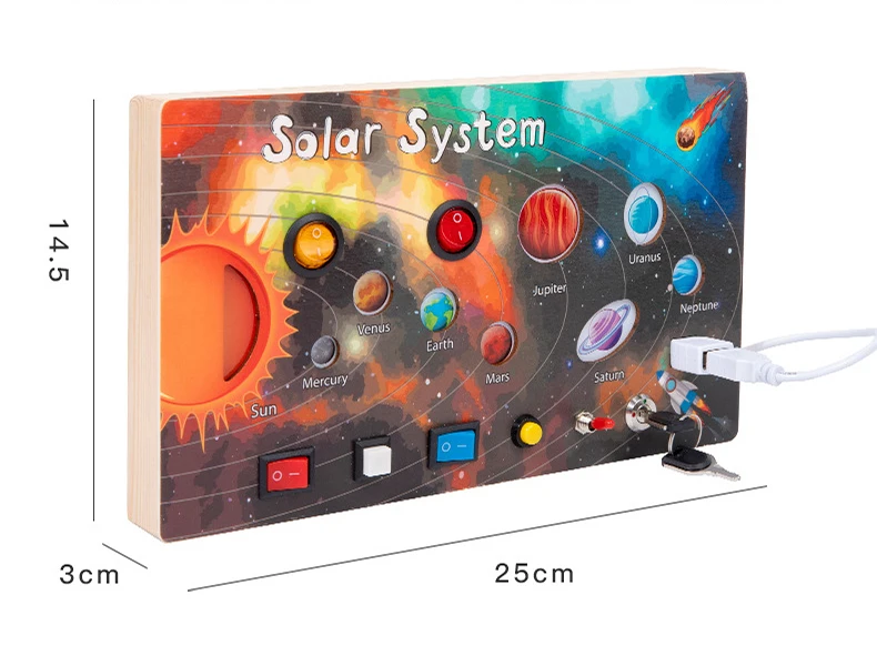 Jouets en bois pour bébés, éducation précoce montessori, système solaire, interrupteur lumineux LED en bois, planche occupée pour les tout-petits, détails