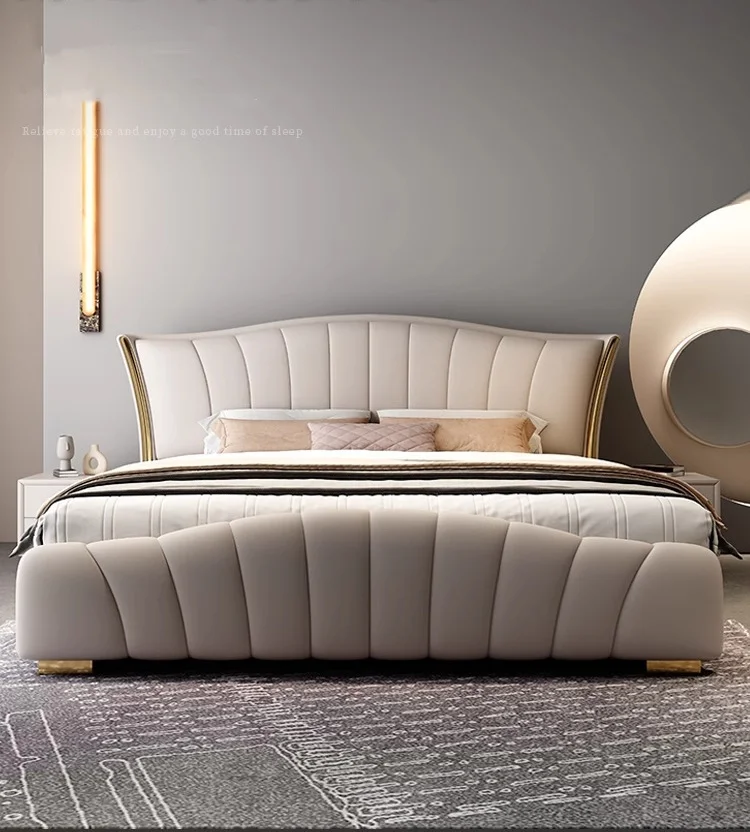 Wholesale Hotel Luxury Bedroom Furniture Luxury King Size Modern Leather Bed Frame High Double Soft Bed Upholstered Headboard