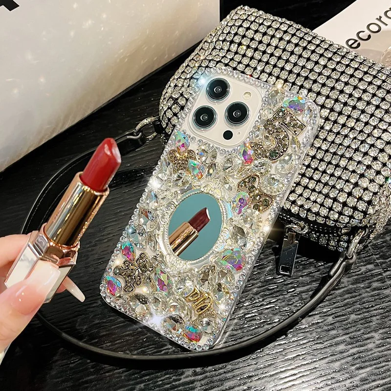 Luxury Rhinestone Elliptical Mirrors Phone Case Covers for iPhone 14 15 Samsung S24 S23 A34 A54