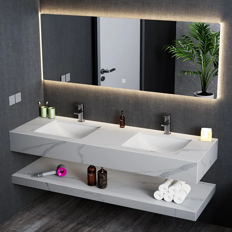 Tarpul Marble Double Washbasin Sink With Mirror Artificial Stone Cabinet Basin Wall Hung Bathroom Vanity Slab Basin manufacture