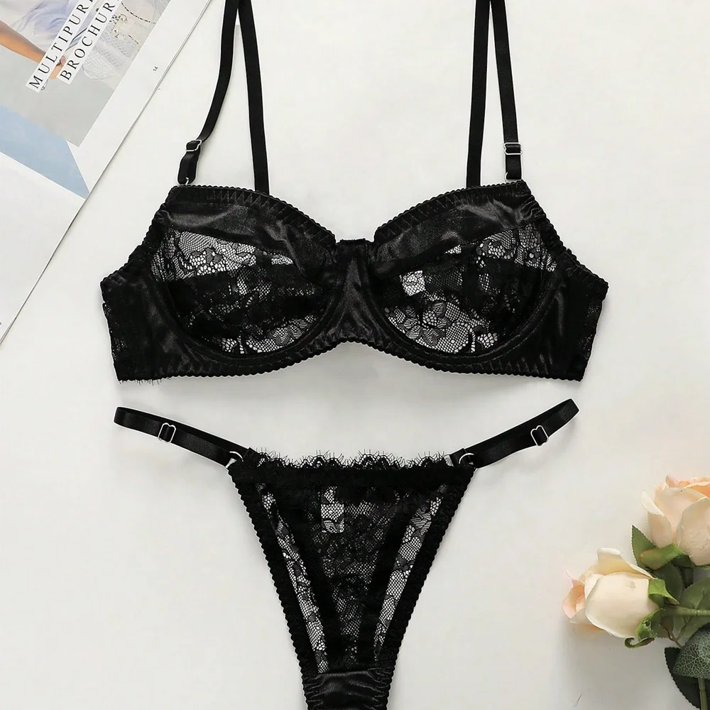 Factory Custom Sexy Mature Women Black Lace See Through Bra And G