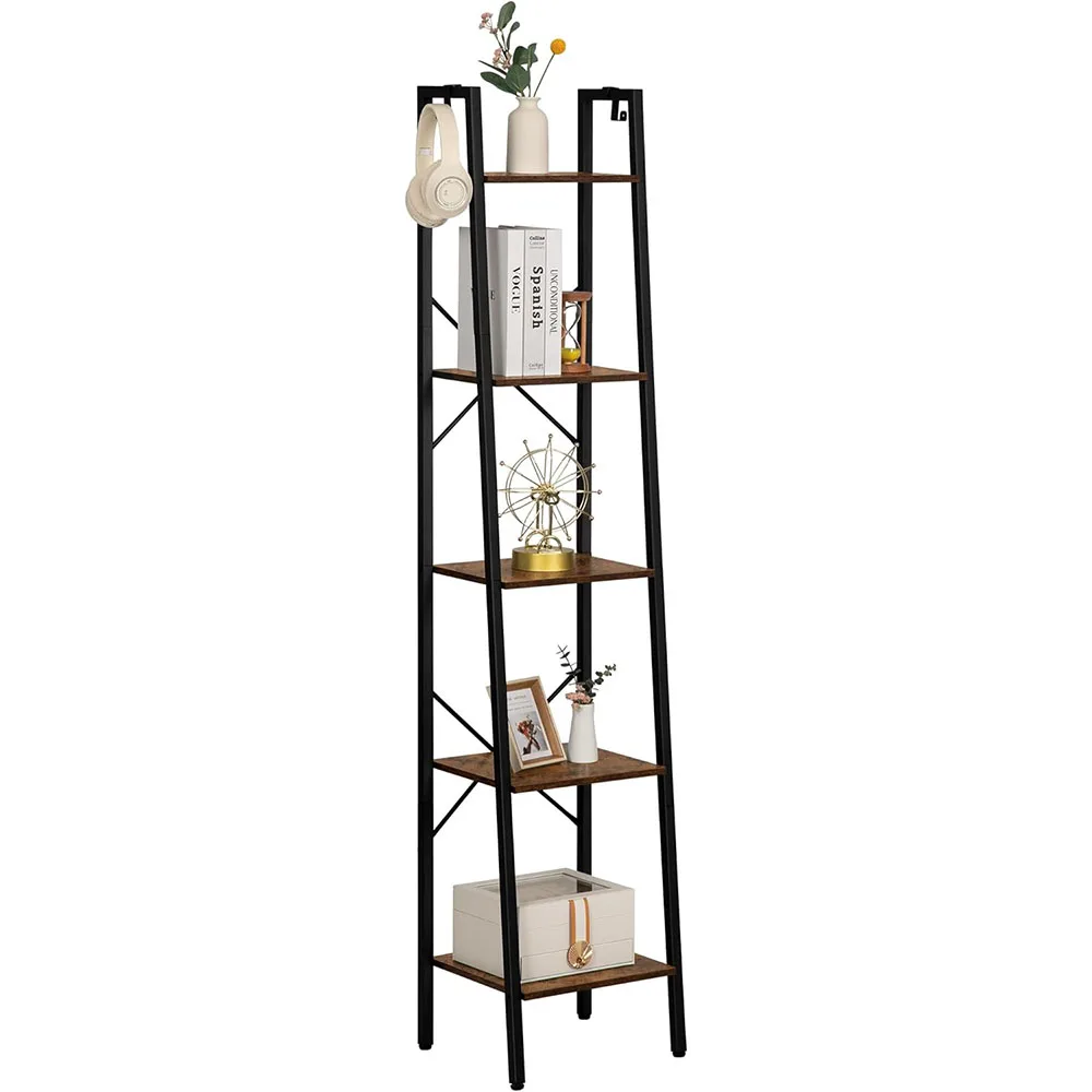 Modern 5-Tier Freestanding Corner Storage Bookshelf Industrial Design Oak Ladder Shelf with 2 Hooks factory