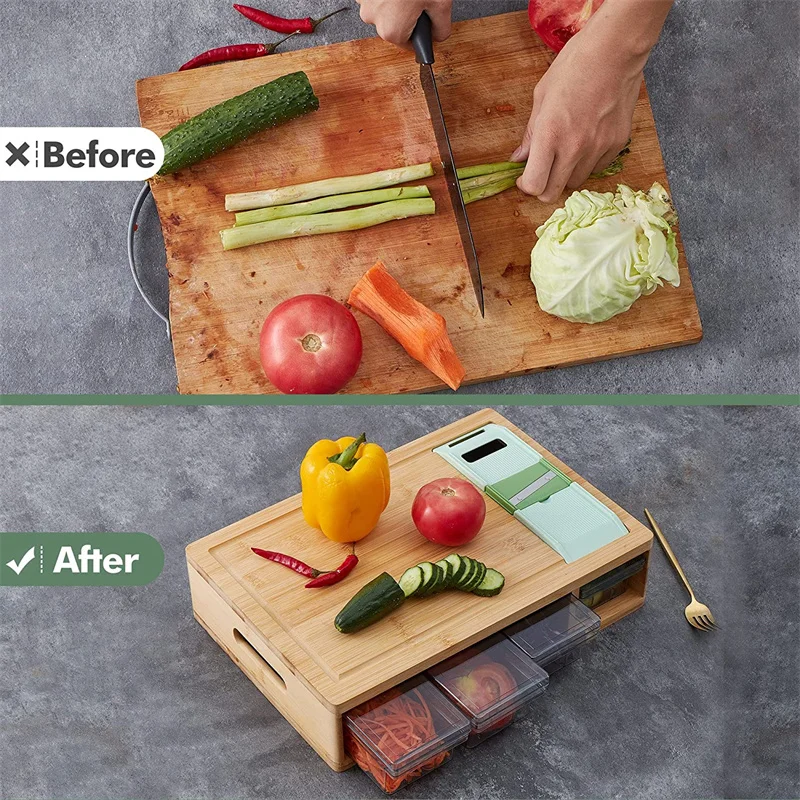 Custom Eco Friendly Rectangle Bamboo Wood Chopping Block Bamboo Cutting Board With 4 Containers