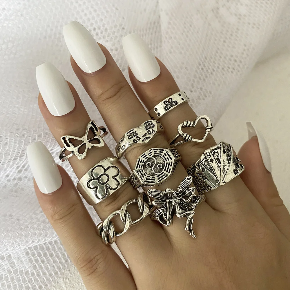 Fashion Knuckle Jewelry Rings Set Multi Shape Carve Flower Heart Cry