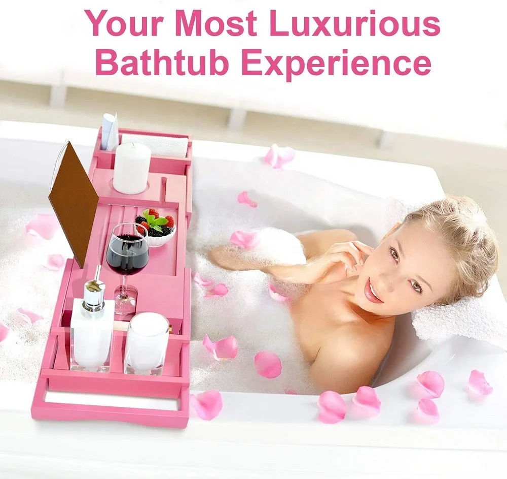 Luxury Bamboo Bathtub Caddy Expandable Shower Bath Tub Tray Organizer Holds Wine Glass Cup Books Cellphone Devices