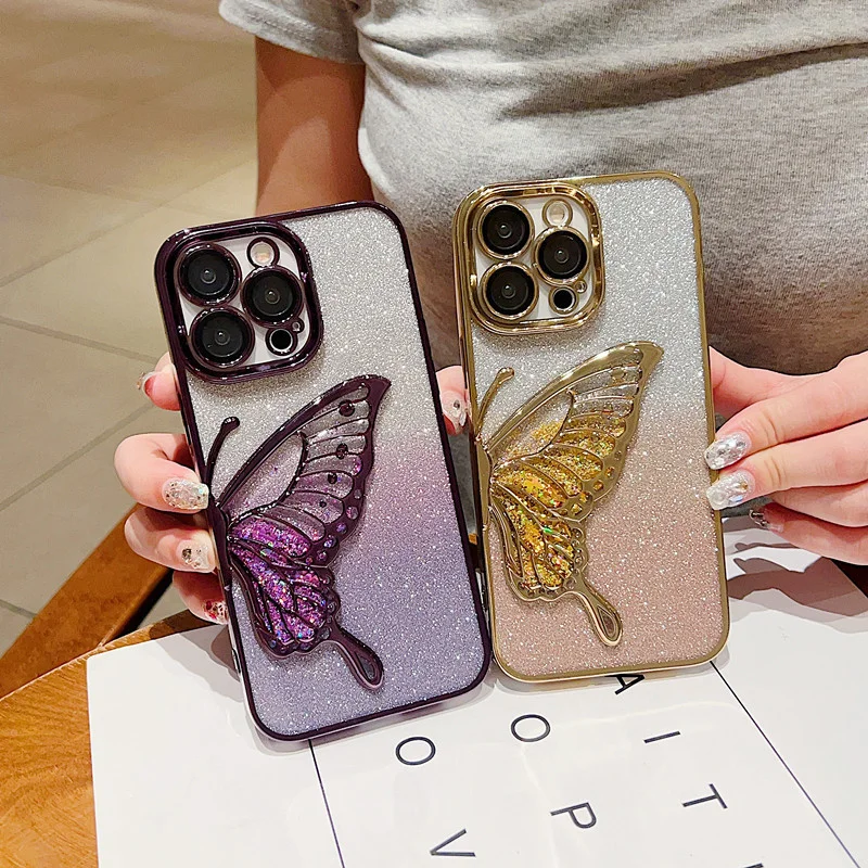 Luxury Electroplated Butterfly Phone Case For iPhone 15 14 13 12 11 Pro Max With Gradient Glitter Paper Clear Shell