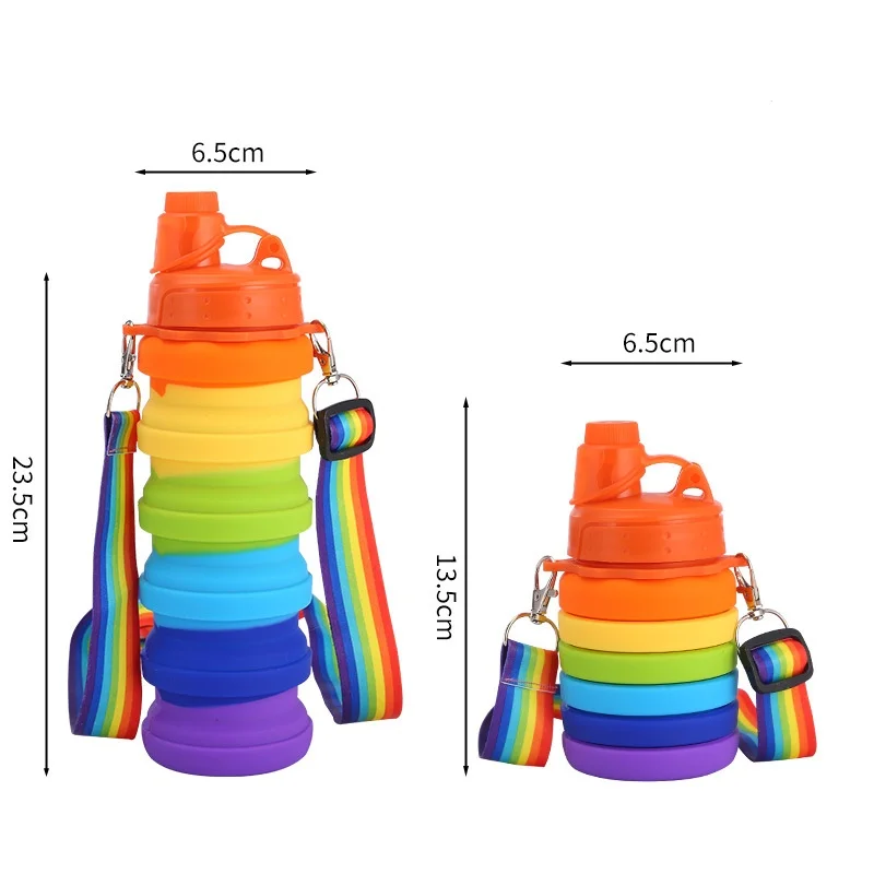 Rainbow Folding Silicone Cup Outdoor Sports Travel Kettle Water Bottles portable with handle