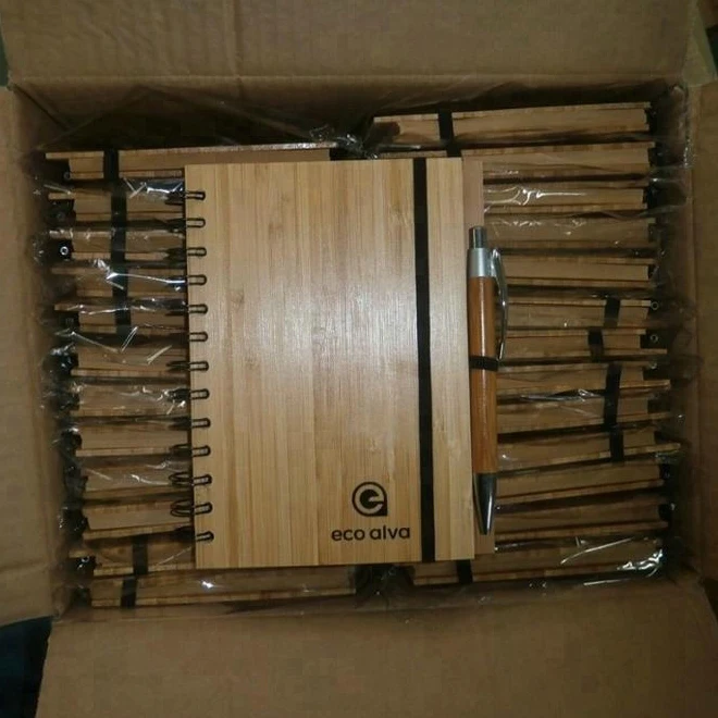 Unionpromo customized recycled bamboo cover notebook and pen gift set