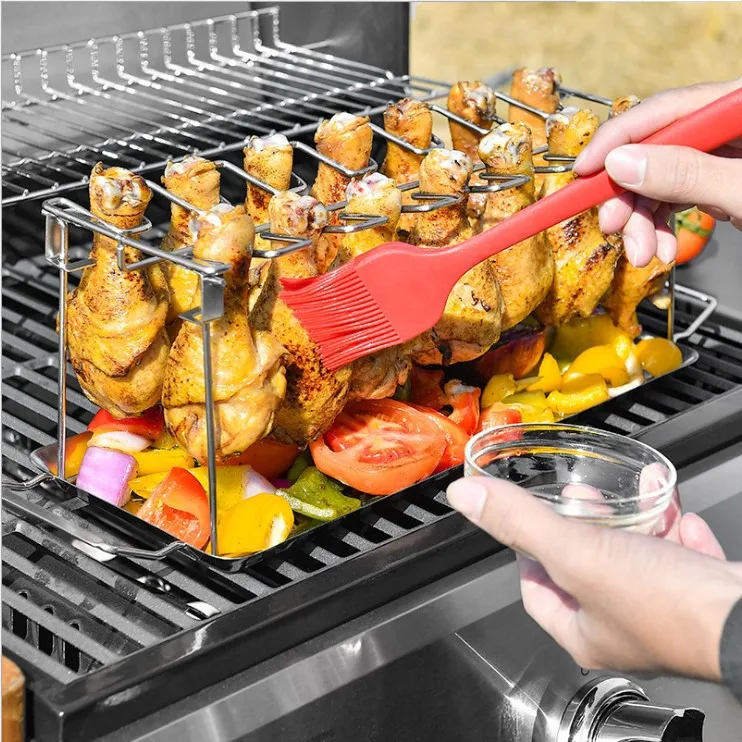 14 slots BBQ Chicken Drumsticks Rack Stainless Steel Roaster Stand with Drip Pan Chicken Leg Wing Grill Rack
