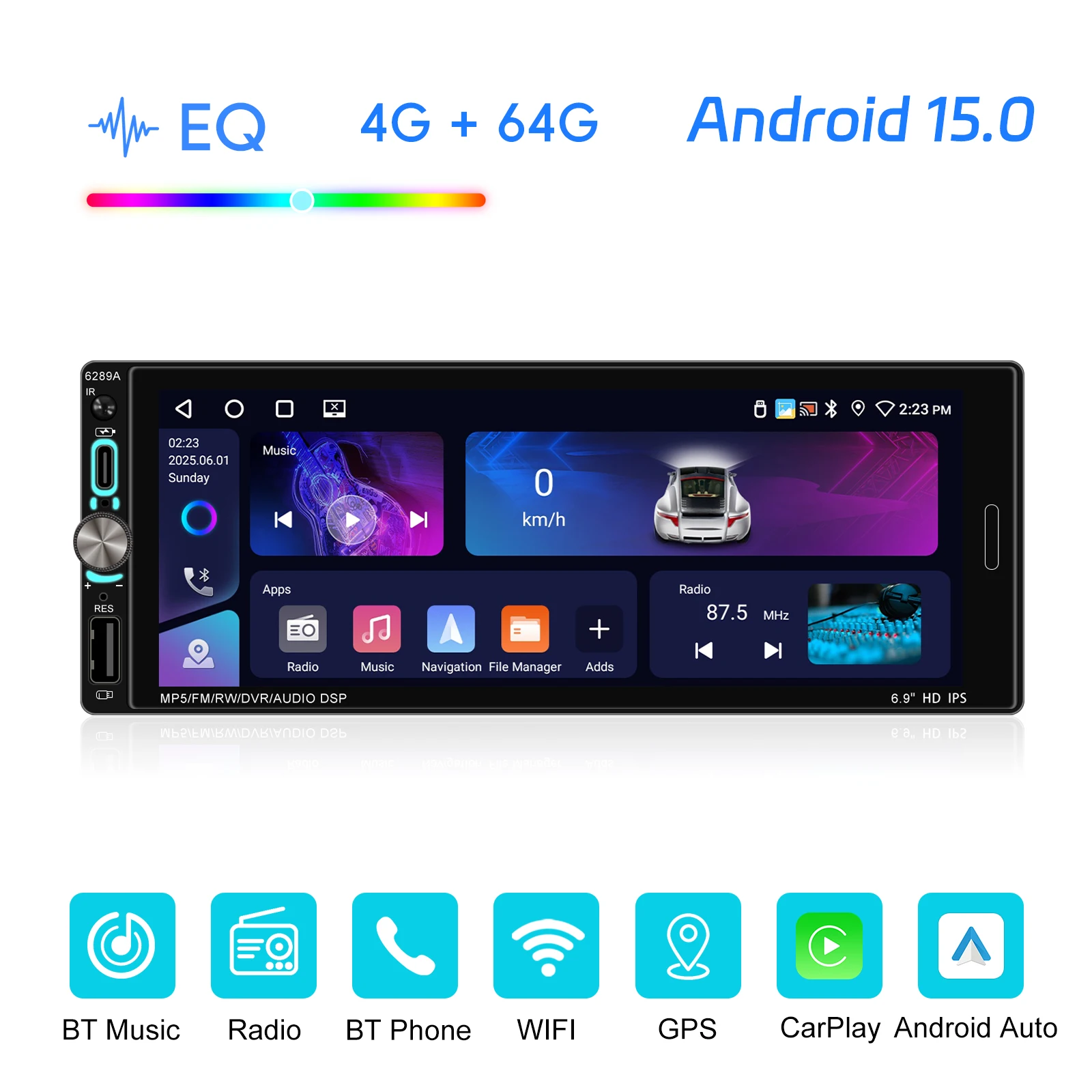 android auto gps wifi bt usb ips display split screen knob control a4505-2