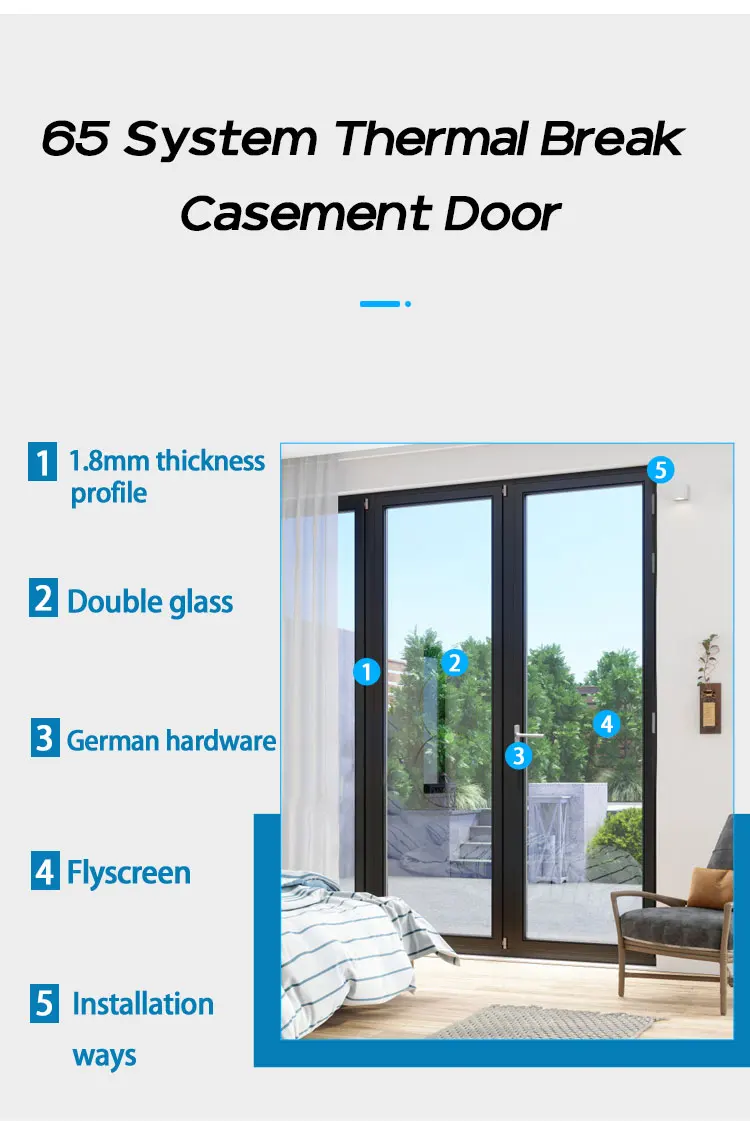 French Wood Grain Color Aluminum Profile Residential Double Glazed