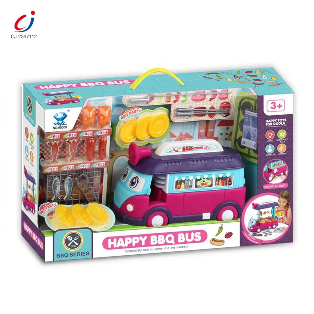 Chengji girls toys kitchen sets real food game 2 in 1 barbecue bus kids simulation bbq grill toy set role play toys for children