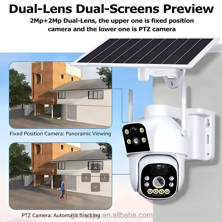 Camhipro Low Power Dual-lens 4MP Wi-Fi/ 4G Wireless Dome PTZ Pan Tilt Solar Battery Camera With Dual PIR Motion Detection Alarm