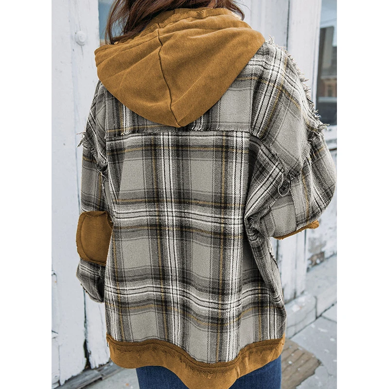 Dear-Lover Odm Private Label Winter Multicolor Plaid Button Up Hooded Coat Frayed Snap Jacket Woman