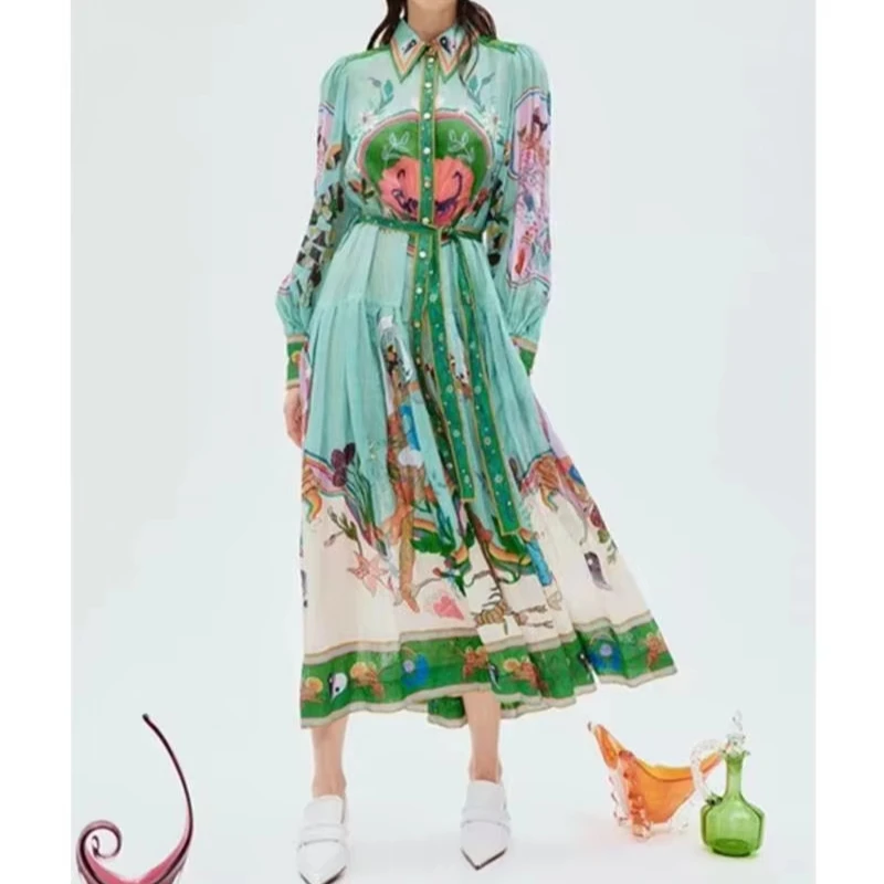 Spring and Summer Niche Personality Printed Daily Vacation Shirt Collar Single-Breasted Elegant Long Dress