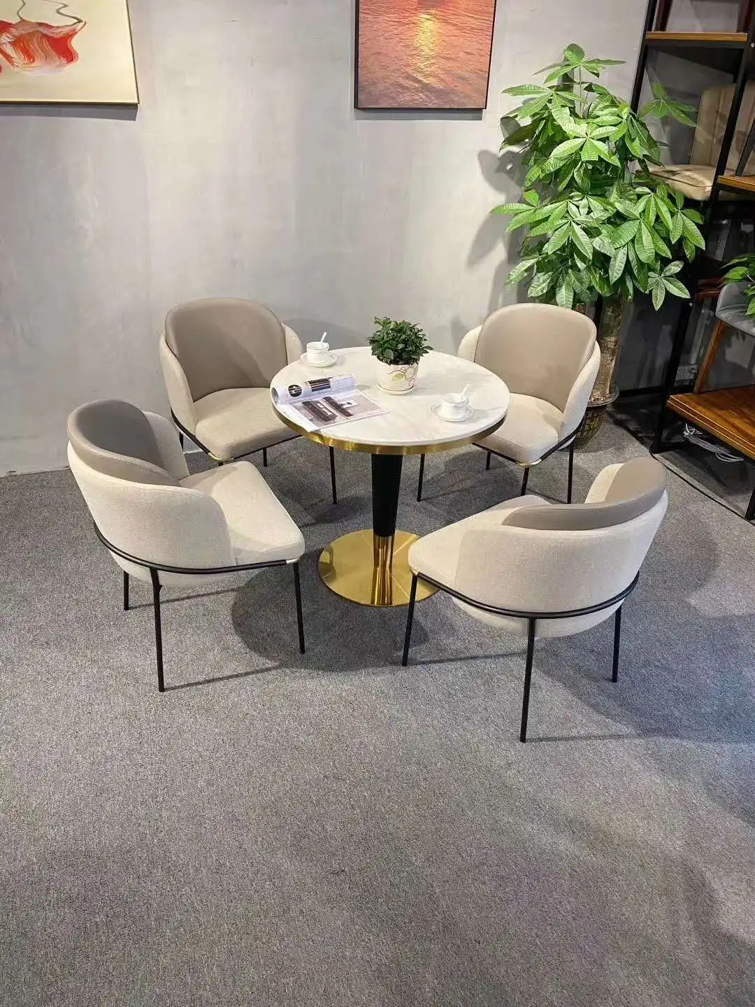 Cheap Round Dining Table Set 4 Seater Modern Marble Coffee Shop Dining