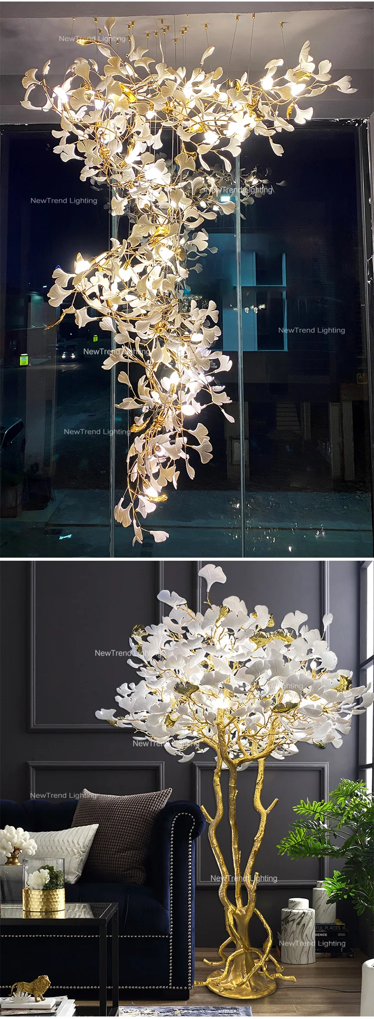 CPL-42G Custom Hotel Lobby Villa Decoration Ginkgo Leaf Large Project Modern LED Glass Chandelier Pendant Light details