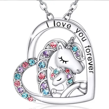 Wholesale Cheap Alloy Heart Shaped Unicorn Necklace Mother And Child Cute Zircon Unicorn Heart Necklaces