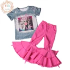 Wholesale Girls Wholesale Customizable Boutique Short Sleeve Toddlers 2 Pcs Bell Bottom Outfits Kids Girls Outfit