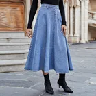 Women's Long Jean Skirts Casual Blue Denim High Waist Women's Midi Long A-line Sun Jean Zipper Skirts