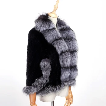 Luxury New Genuine Knitted Mink Fur Shawl Wrap Cape with Fox fur collar Triming women Lady mink fur coat Jacket Stole Amice