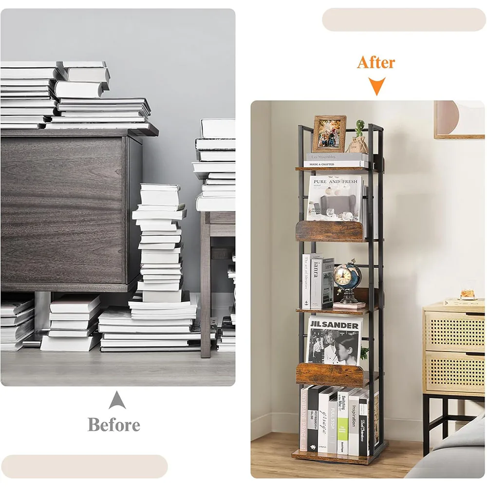 Modern 360 Display Spinning Ladder Shelf 5-Tier Narrow Tall Bookcase Small Corner Living Room Book Shelves manufacture